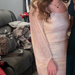 Macy's Shimmering Cream Long Sleeve Mini Dress